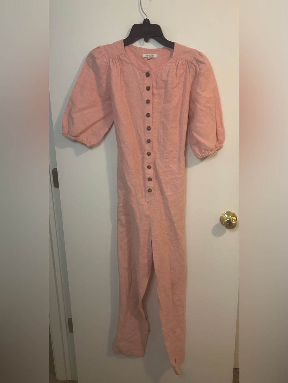 NWOT MADEWELL XS Light Pink Jumpsuit W/Tie Tassel Button Up Front Puff Sleeves